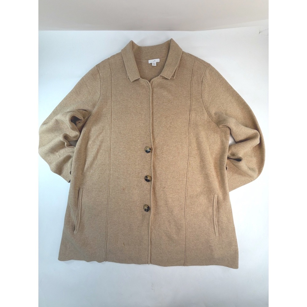J. Jill Camel Tan Button Front Knit Sweater Jacket XL Petite Collared Pockets